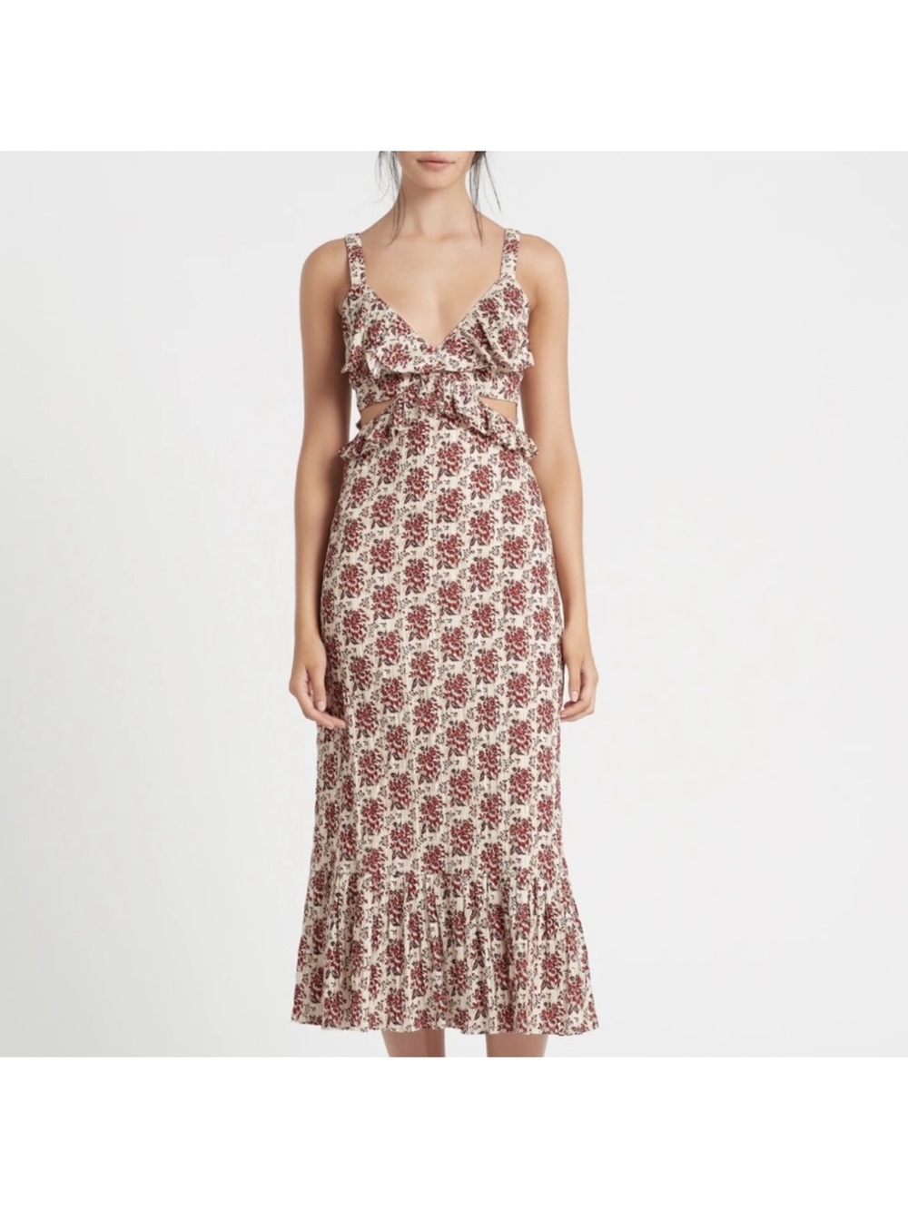 SIR the Label Cream Midi Dress with Burgundy Floral Print - size 1
